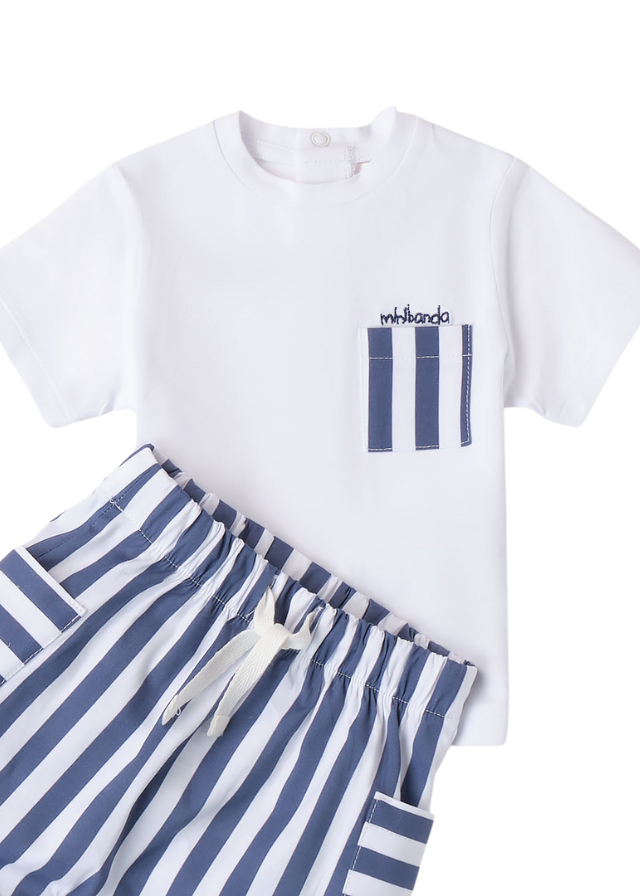 AnneBebe - Set 2 Piese, Tricou Alb cu Maneca Scurta si Pantaloni Scurti cu Dungi Bleumarin 8613 Minibanda