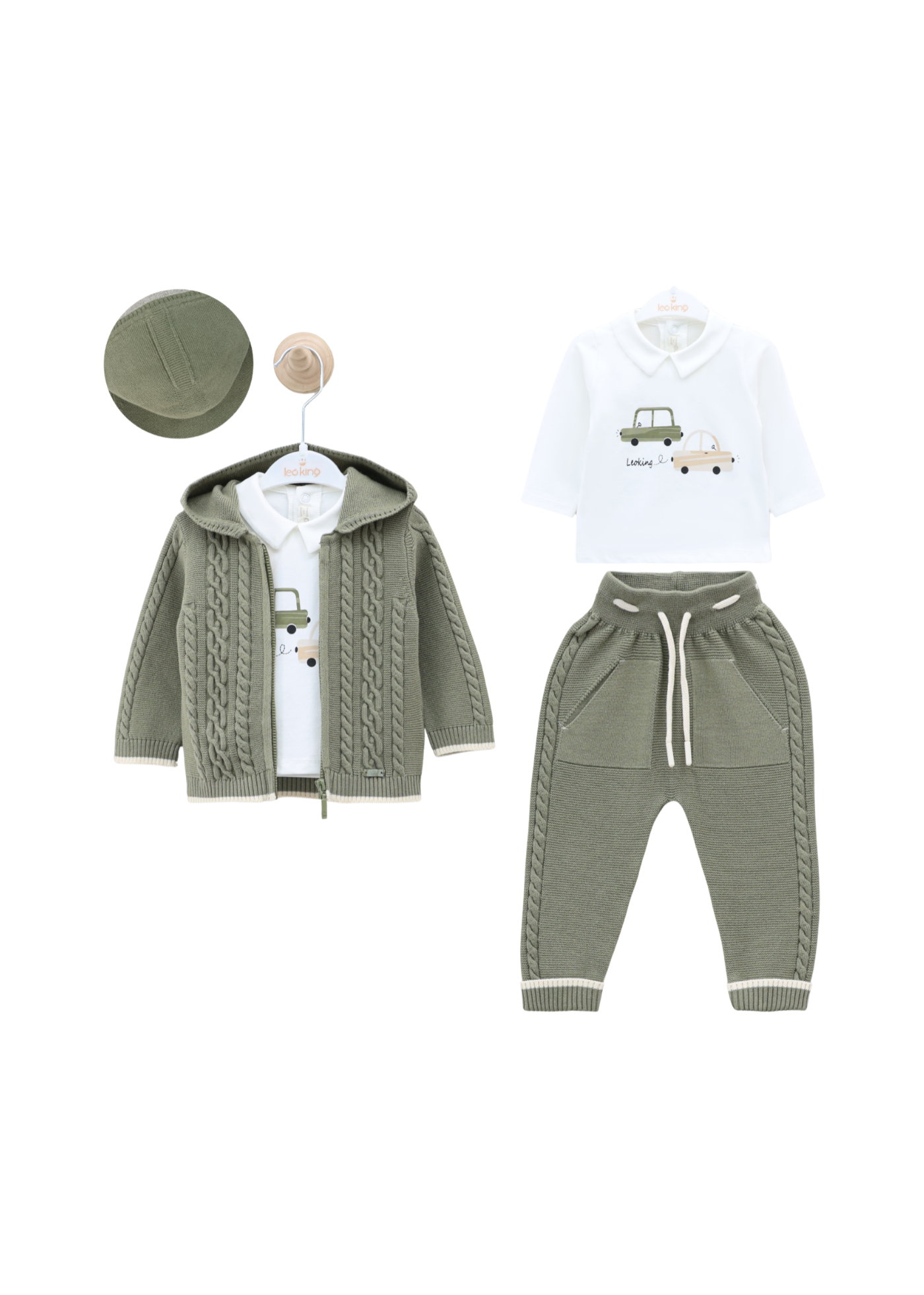 Set 3 Piese jacheta si Pantaloni Tricotate Verzi si Bluza Ivory cu Masini 8012 Leo King