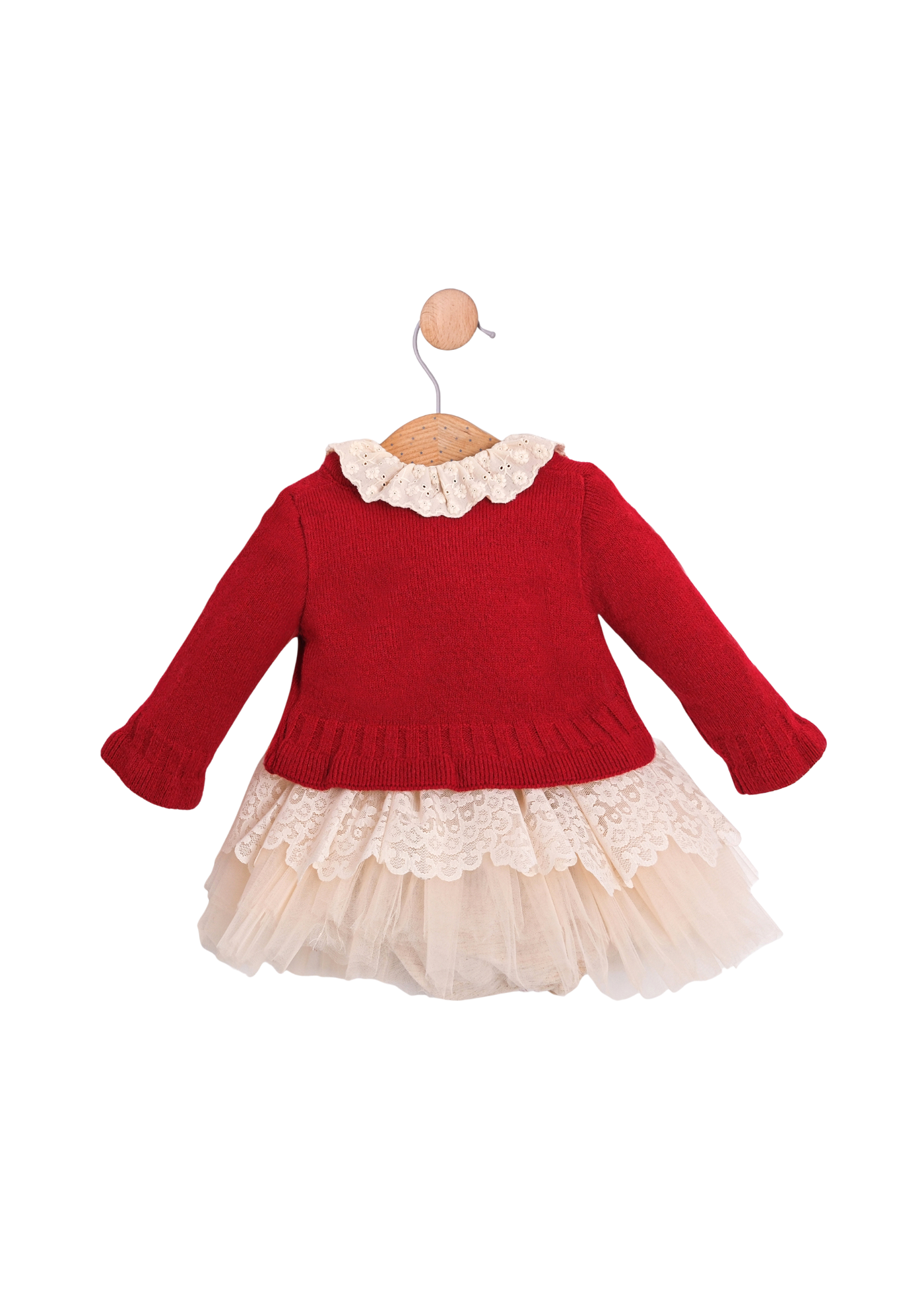 Set 3 Piese Camasa Bej Fusta Dantela si Tull Bej si Cardigan Rosu 3760 Mino Baby