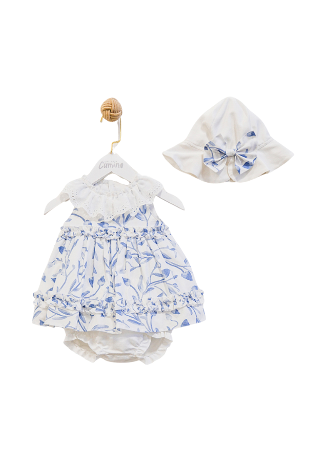 Set 3 Piese Rochie Alba cu Flori Albastre Chilotel si Palarie 3641 Mino Baby