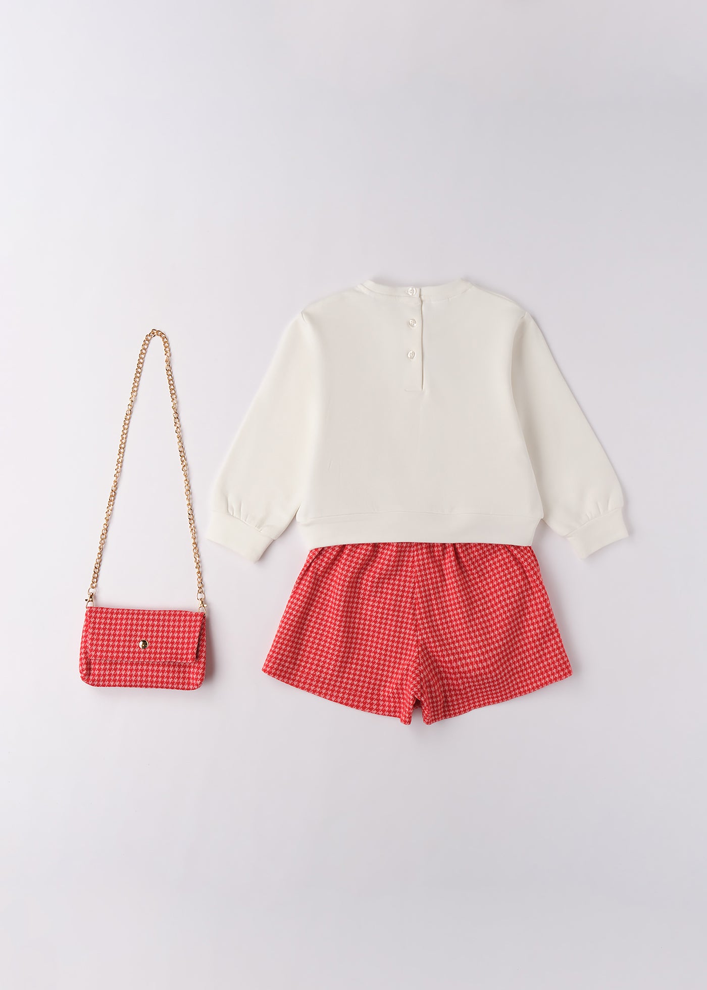 Set Fete 3 Piese Bluza Crem Pantaloni Scurti Si Geanta Pepit Rosu Cu Roz 4.F344/K1 iDO