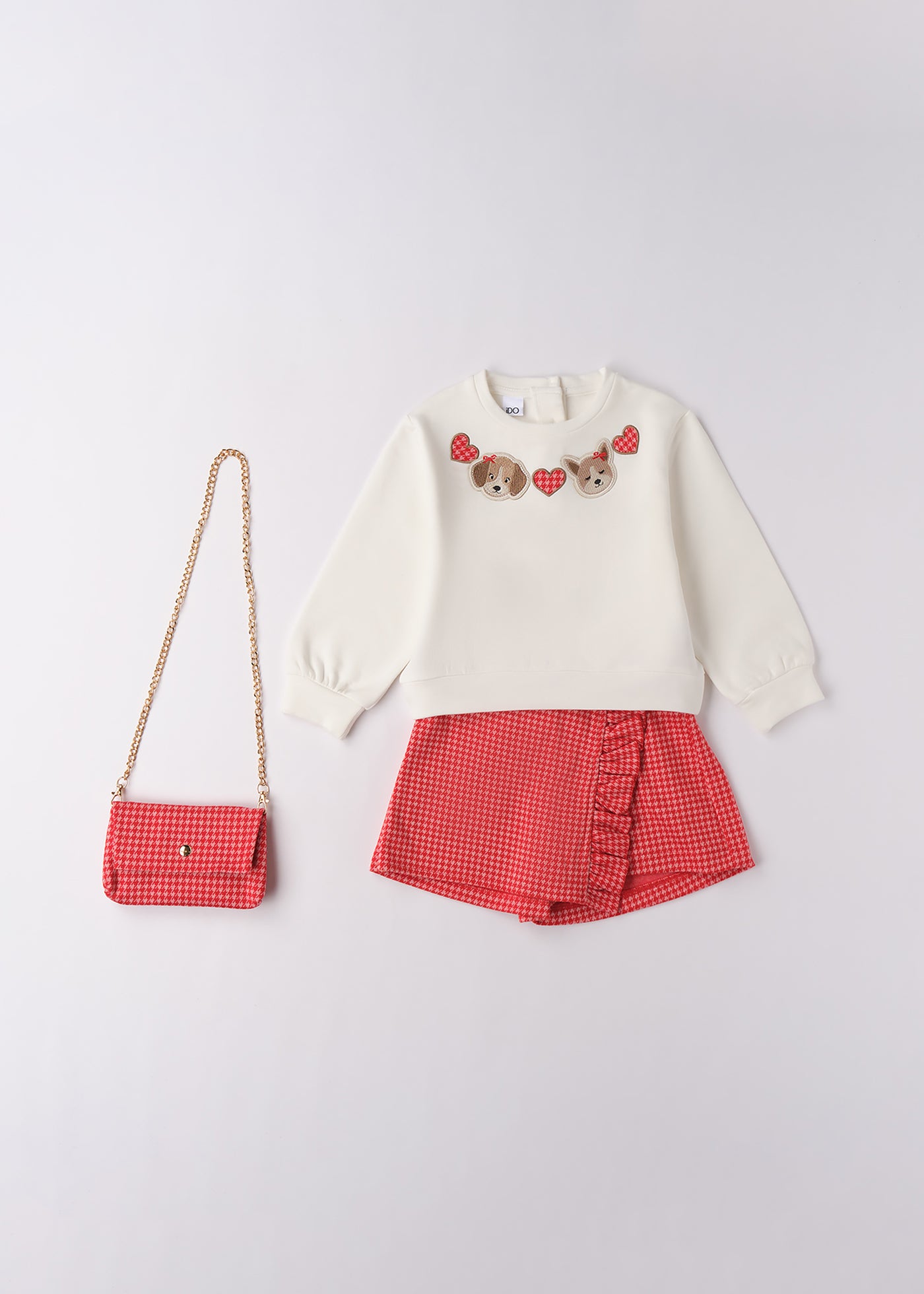 Set Fete 3 Piese Bluza Crem Pantaloni Scurti Si Geanta Pepit Rosu Cu Roz 4.F344/K1 iDO