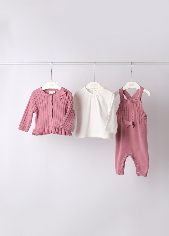 Set 3 Piese Fetite Salopeta Lunga Cardigan Tricotat Frez Bluza Crem 4.F122/00 iDO