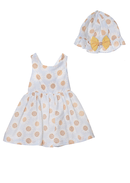 Rochie Bleu Cu Imprimeu Flori & Palarie M0486