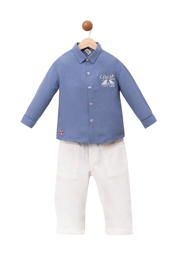 Set 2 Piese Camasa Albastra cu Maneca Lunga si Pantaloni Lungi Crem 3622 Mino Baby