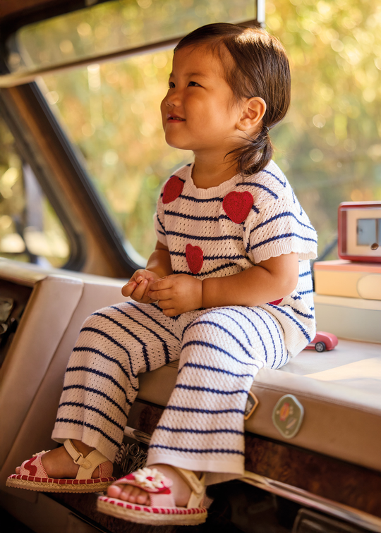 Set 2 Piese Tricotat Tricou si Pantaloni Lungi Crem cu Dungi Bleumarin 1516 Mayoral