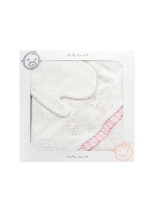 Set Baie 3 Piese Prosop Crem cu Roz Scutec de Muselina si Manusa de Baie AC25365 Andywawa