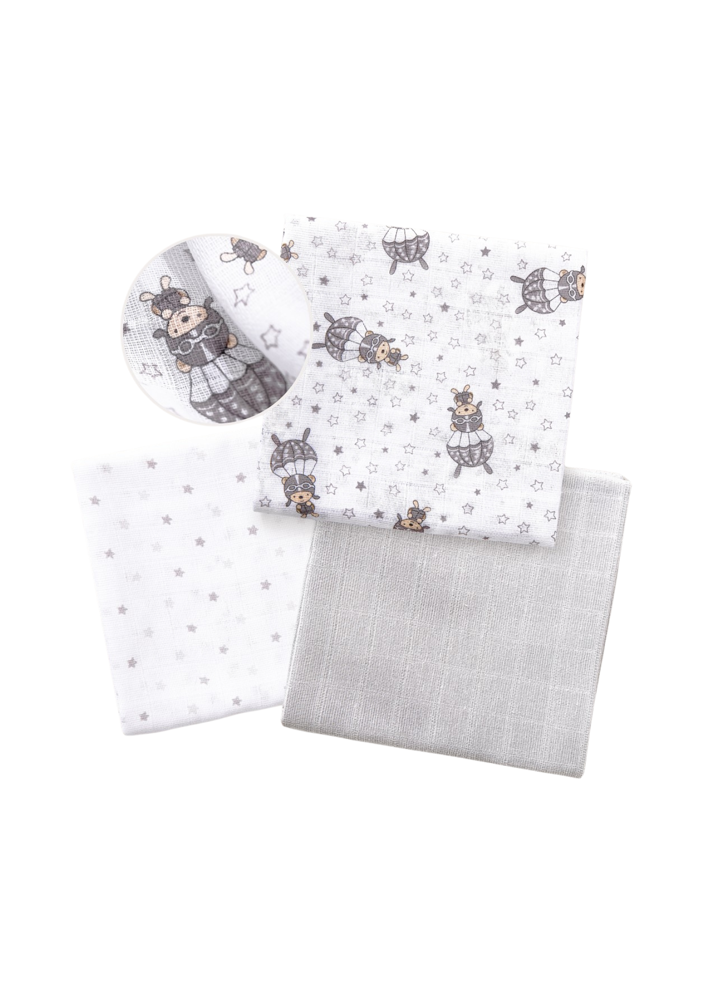 Set 3 Scutece Muselina Alb-Gri cu Imprimeu Parasutist 80x80 cm 98971-31 Interbaby