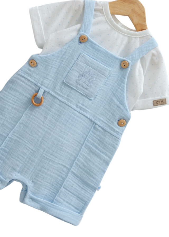 Set 2 Piese Salopta Scurta Bleu din Muselina si Tricou Alb 9768 Mell Sweet Baby