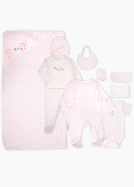 Set pentru Nou-Nascuti din 10 Piese, cu Broderie Florala Roz, pentru Fetite Z1148 – Bebetto