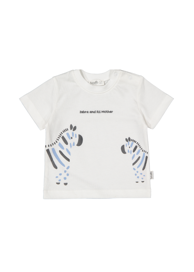 Set 2 Piese Tricou Crem si Pantaloni Scurti Bleu cu Imprimeu Zebre Walking Zebras K4720 Bebetto