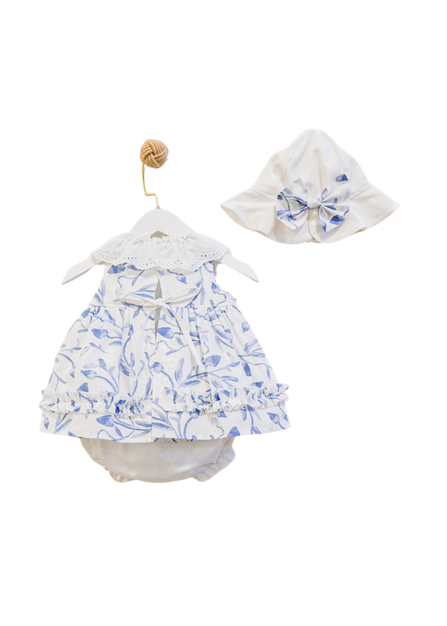 Set 3 Piese Rochie Alba cu Flori Albastre Chilotel si Palarie 3641 Mino Baby