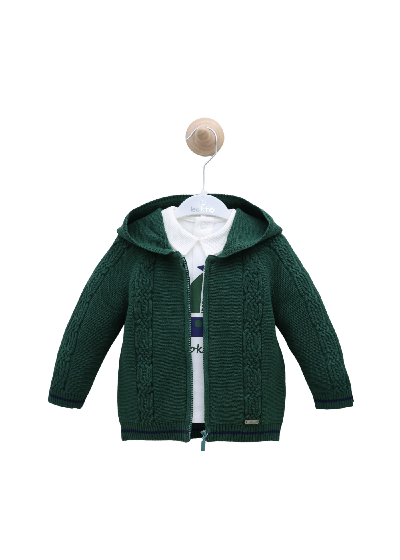 Set 3 Piese Cardigan si Pantaloni Lungi Tricotate Verde cu Bleumarin si Bluza Crem cu Vapor 8025 Leo King