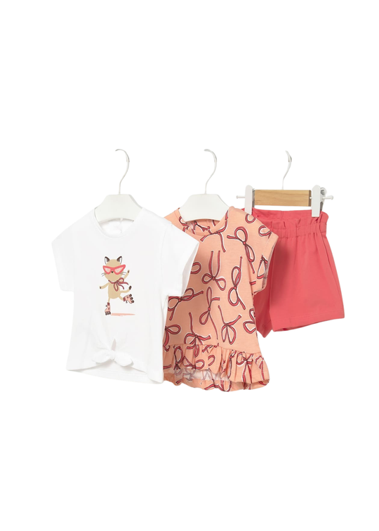 Set 3 Piese Roz cu Portocaliu Pantaloni Scurti si 2 Tricouri 1206 Mayoral