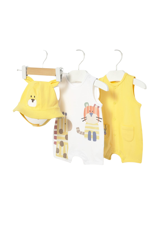 Set of 2 White and Yellow Short Rompers with Hat 1616 Mayoral