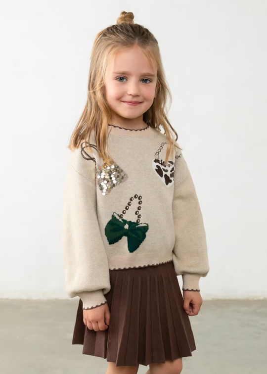 Set 2 Piese cu Pulover Bej cu Funde si Fusta Plisata Maro 4933 – Mayoral