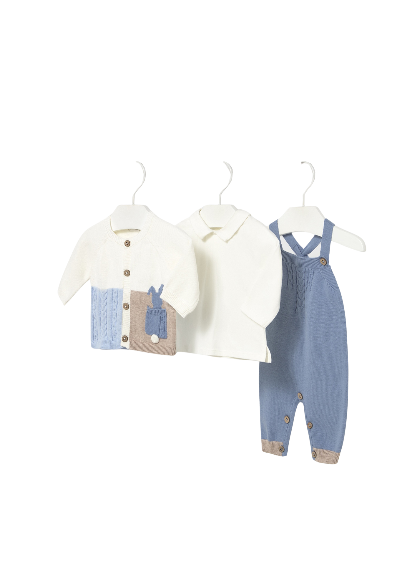 Set 3 Piese Salopeta Tricotata Albastra Cardigan si Bluza Bumbac Crem 2617 Mayoral
