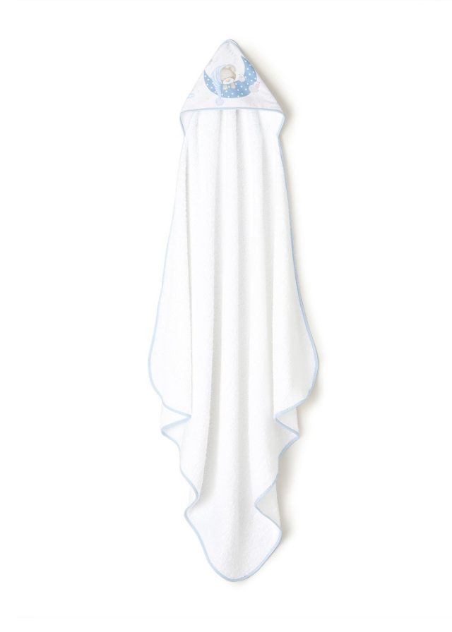 Prosop cu Capison 100x100 cm si Bavetica Alb-Bleu cu Ursulet pe Semiluna 01225-11 Interbaby