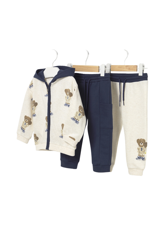 3 Piece Tracksuit Navy Blue with Beige Bear Print Sweatshirt and 2 Pairs of Pants 2836 Mayoral