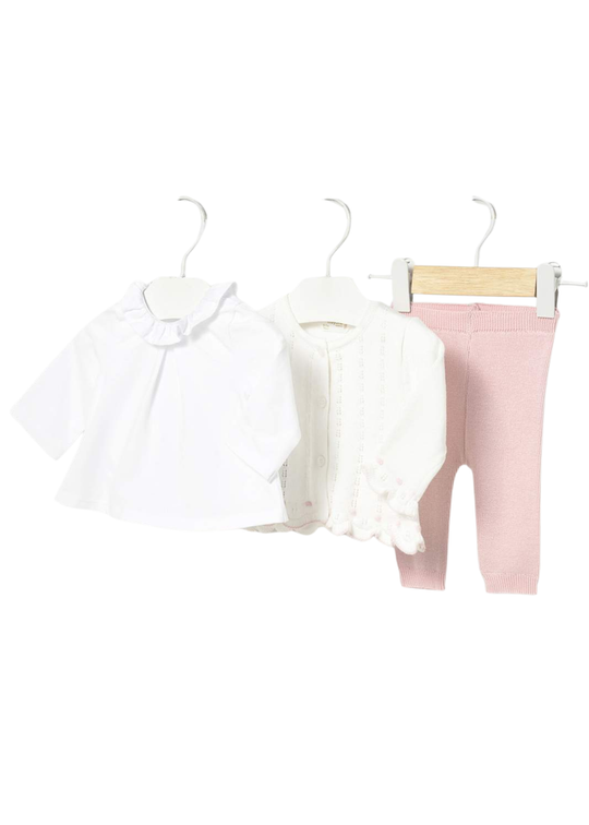 Set 3 Piese Cardigan si Pantaloni Lungi Roz Tricotate si Bluza Ivory 1507 Mayoral