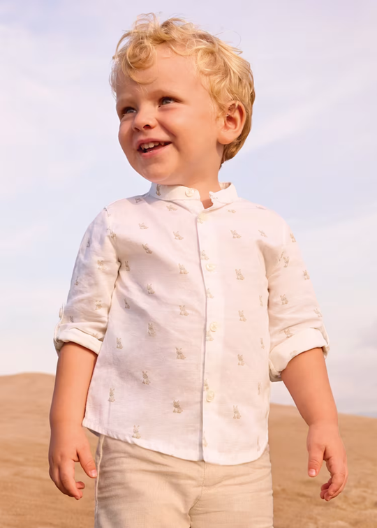 Сорочка з бавовняного льону з довгим рукавом і метеликом, бежева смужка 1116 Mayoral