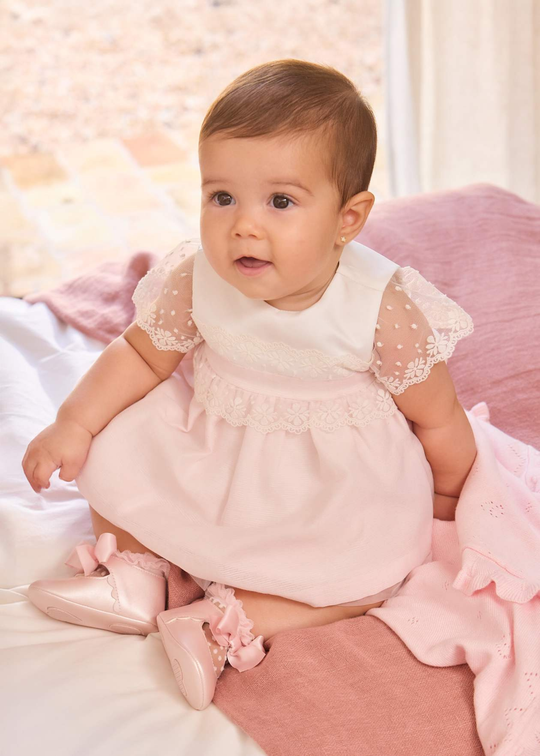 Pink Dress with Short Lace Sleeves and Bloomers 1883 Mayoral