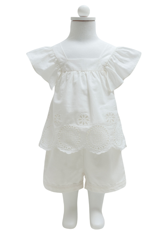 Set 2 piese top si pantaloni scurti albi bumbac broderie sparta 9774 Mell Sweet Baby