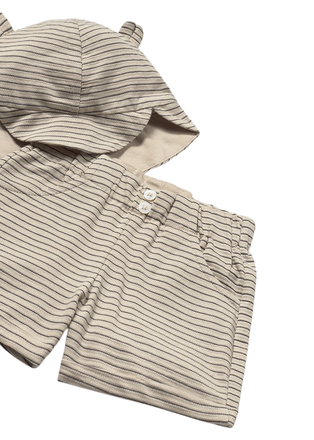 Set 3 Piese Tricou Crem cu Masina Pantaloni Scurti si Sapca Bej cu Dungi 1651 Mayoral