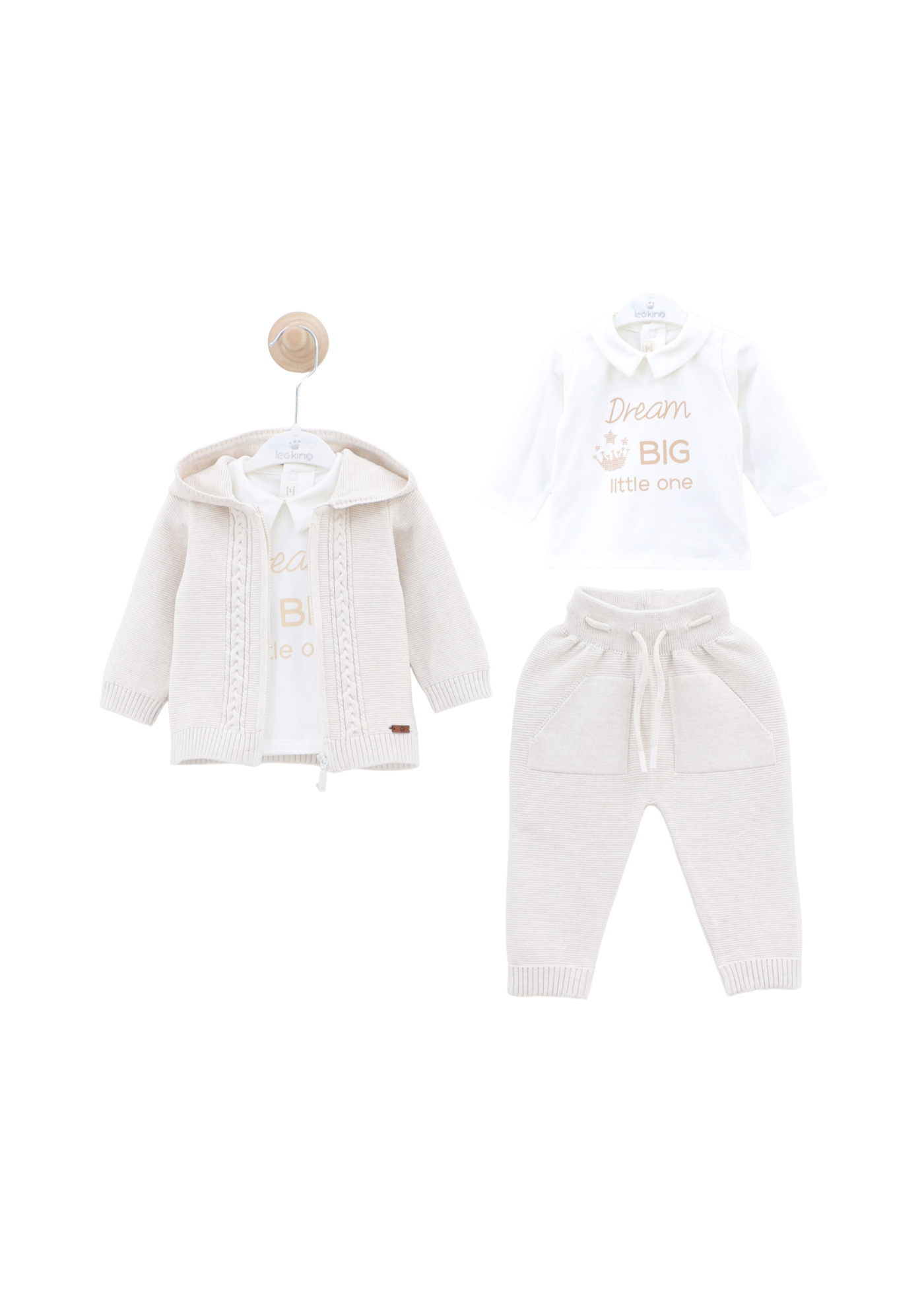 Set 3 Piese Hanorac si Pantaloni Tricotati Gri si Bluza cu Guler Alba 8006 Leo King
