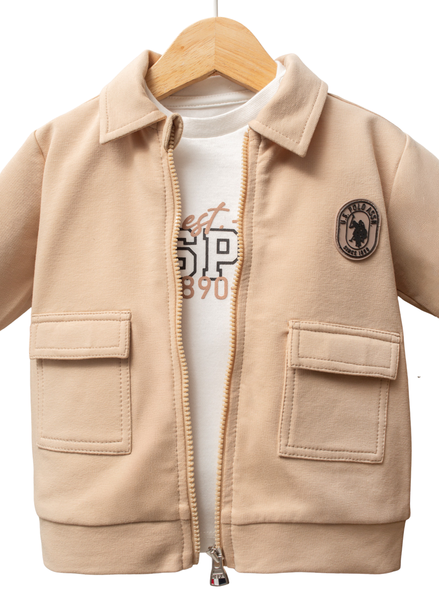 Set 3 Piese Jacheta Bej cu Fermoar Bluza Ivory si Pantaloni Lungi Bleumarin USB2549 V1 Us Polo Assn