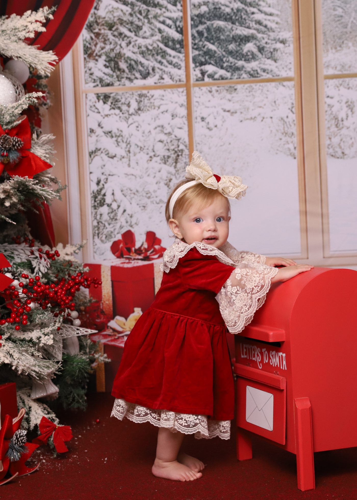 Red Velvet Dress with Ruffles and White Lace at the Neck and Sleeves AnneBebe