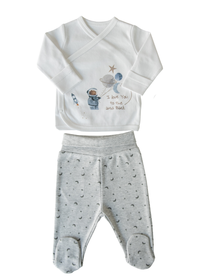 Set 5 Piese Nou Nascut Crem cu Gri cu Urs Astronaut din Bumbac Organic S42319 KitiKate