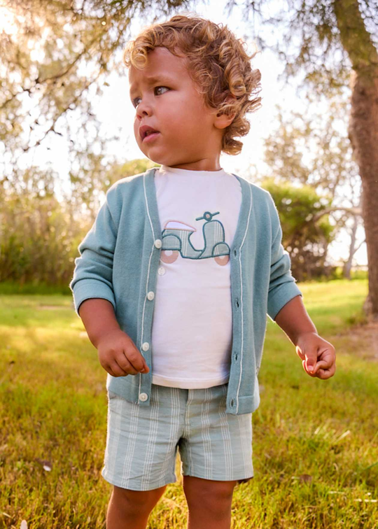 Set 2 Piese Tricou Crem si Pantaloni Scurti Verzi cu Dungi 1227 Mayoral