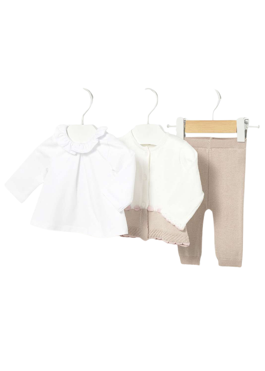 Set 3 Piese Cardigan si Pantaloni Lungi Bej Tricotate si Bluza Ivory 1507 Mayoral