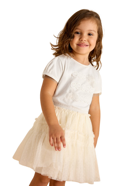 Cream Short Sleeve T-Shirt with Tulle Bows 3001 Mayoral