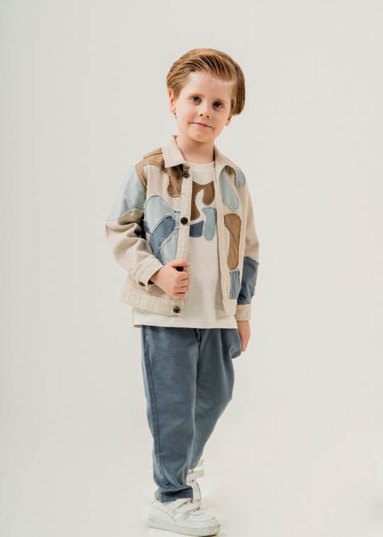 3 Piece Set Cream Jacket with Applications, Cream Blouse and Indigo Long Pants 6583 Hype&amp;Grata