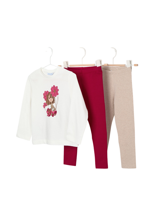 Set of 3 Cream and Red Blouses and 2 Pairs of Red and Beige Leggings 4724 Mayoral