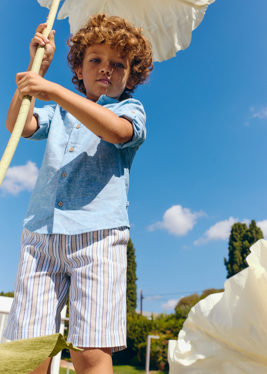 Set 2 Piese din In cu Bumbac Camasa Bleu si Pantaloni Scurti Dungi Bej cu Bleu 5203 Abel & Lula