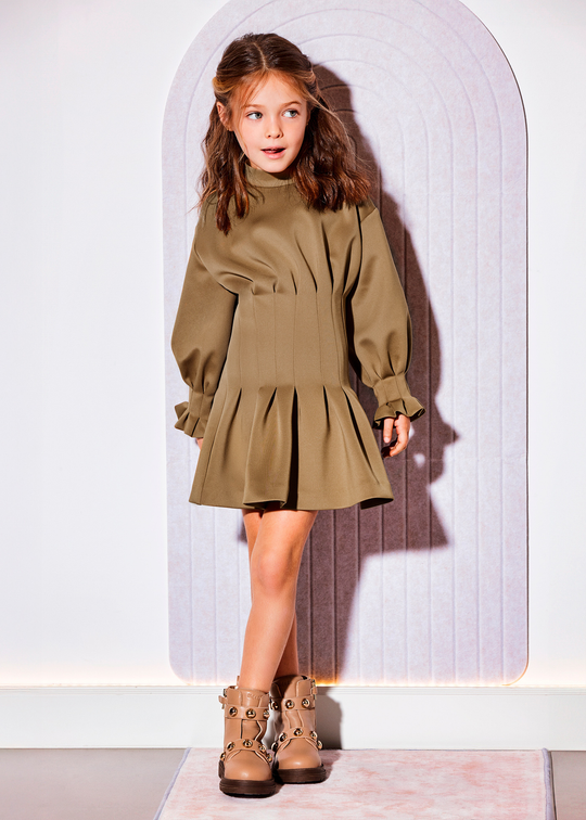 Rochie Camel cu Maneca Lunga si Guler Inalt pentru Fete 5541 – Abel & Lula