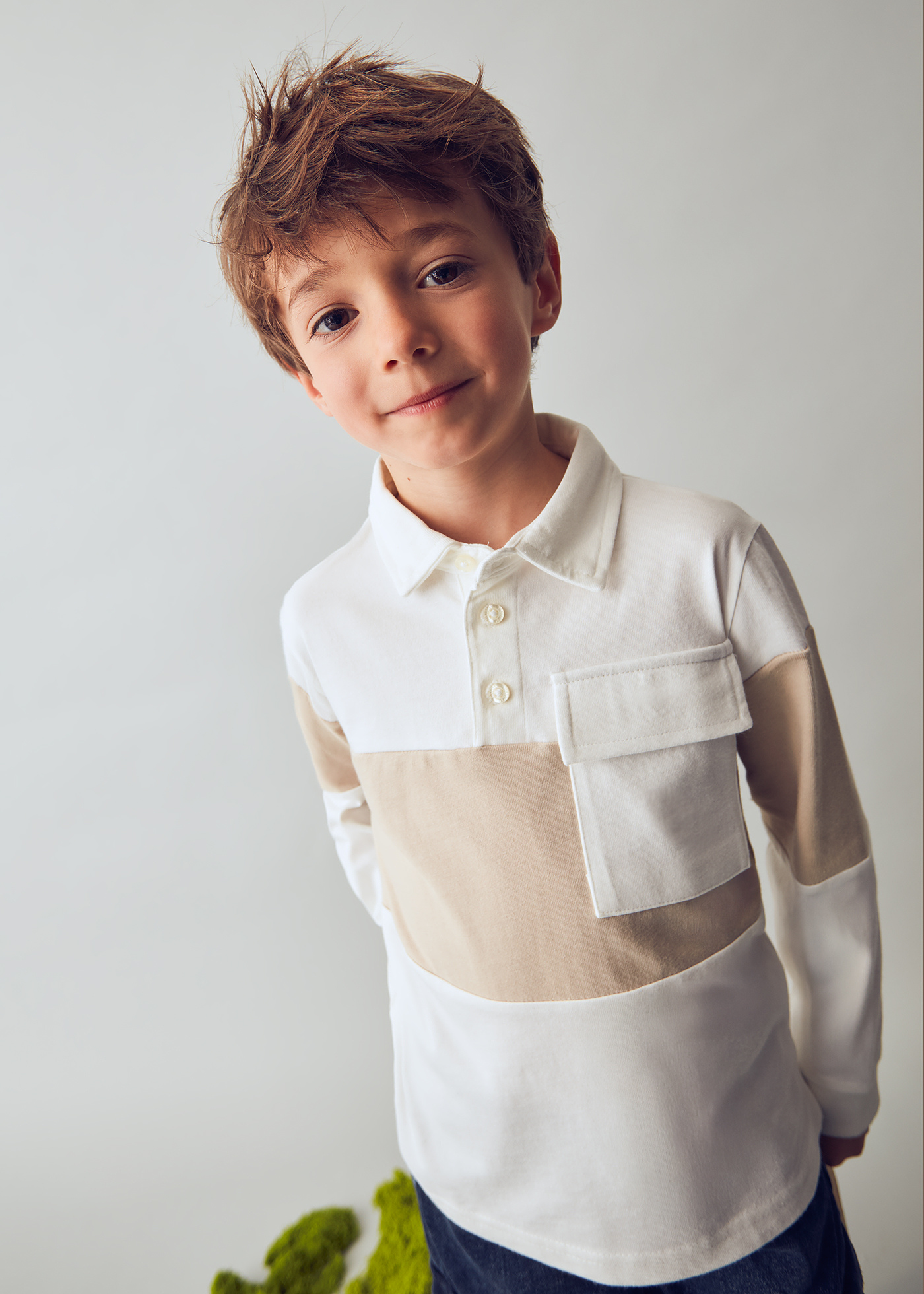 Bluza Polo cu Maneca Lunga Alb cu Bej 4121 Mayoral
