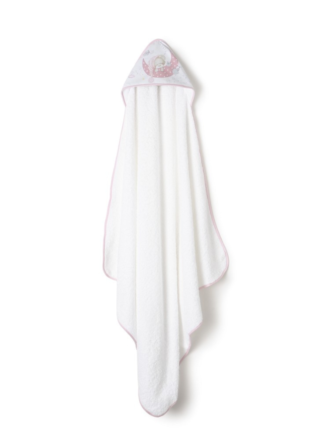 Prosop cu Capison 100x100 cm si Bavetica Alb Roz cu Ursulet pe Semiluna 01225-12 Interbaby