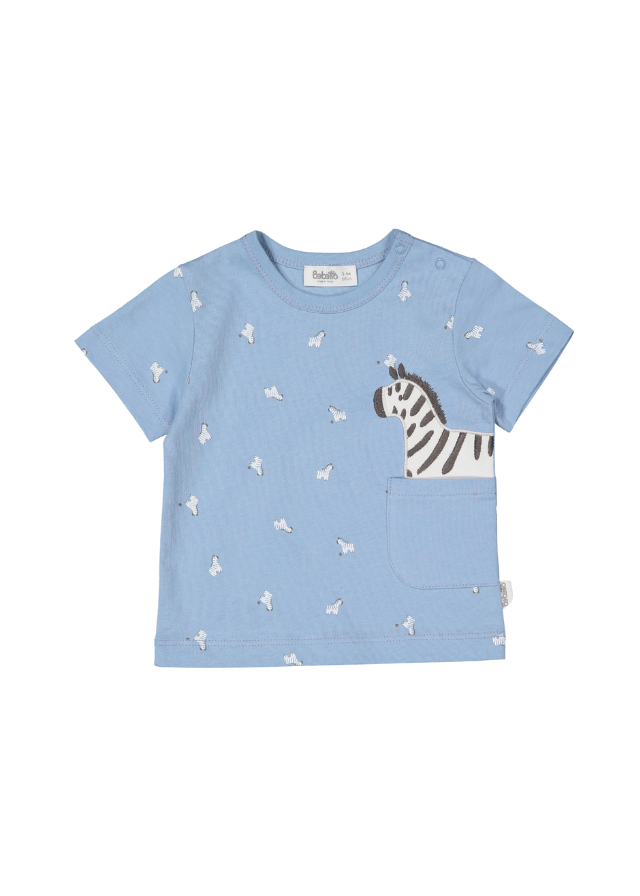 Set 2 Piese Tricou Bleu cu Imprimeu Zebre si Pantaloni Scurti Gri Walking Zebras K4721 Bebetto