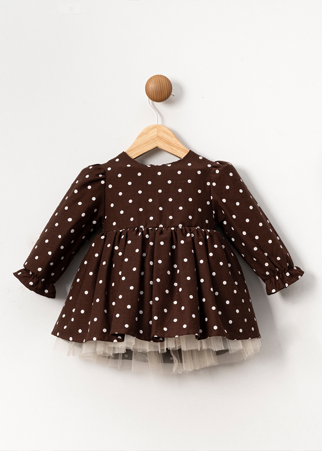 Dress With Long Sleeve Girls Elegant Brown With Polka Dots And Beige Fur Vest 3585 Mino Baby