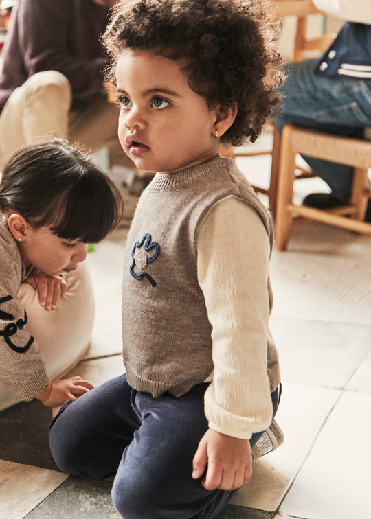 3 Piece Set Brown Knitted Vest, Navy Velour Long Pants and Cream Blouse 2596 Mayoral