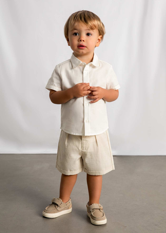 Set 2 Piese Camasa Alba Maneca Scurta Pantaloni Scurti Pepit Bej 1225 Mayoral