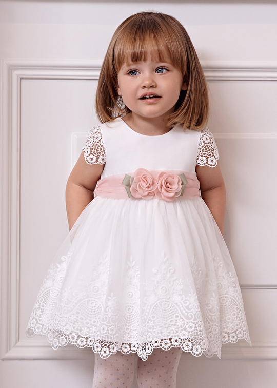 White Embroidered Tulle Dress with Pink Cord at Waist and Panty 5011 Abel &amp; Lula