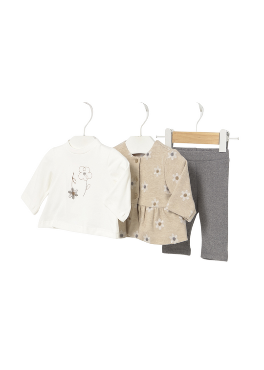 3 Piece Set Beige Jacket with Flowers Gray Leggings and Blouse 2733 Mayoral