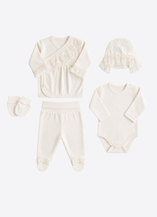 Set pentru Nou-Nascut din Bumbac cu Dantela Natur S60881 – KitiKate
