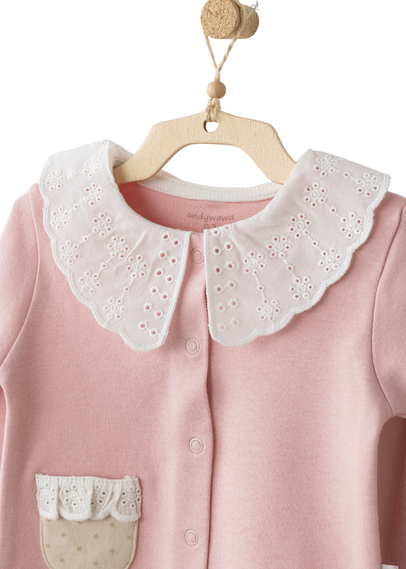 Set 3 Piese Bluza Roz cu Guler Broderie Bumbac Pantaloni Lungi Bej cu Picouri si Fes AC26044 Andywaw