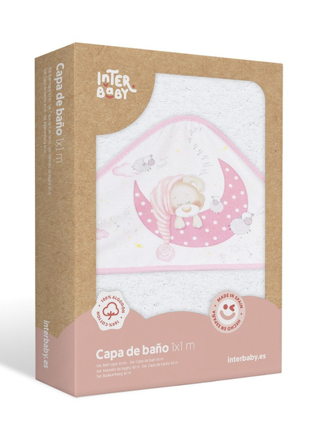 Prosop cu Capison 100x100 cm si Bavetica Alb Roz cu Ursulet pe Semiluna 01225-12 Interbaby